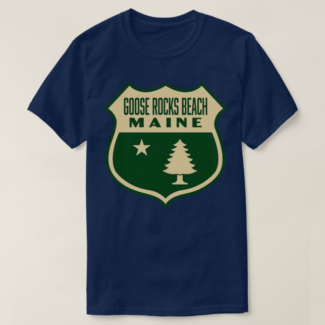 Goose Rocks Beach Maine Retro Pine Tree Shield Tan T-Shirt (Design Front)