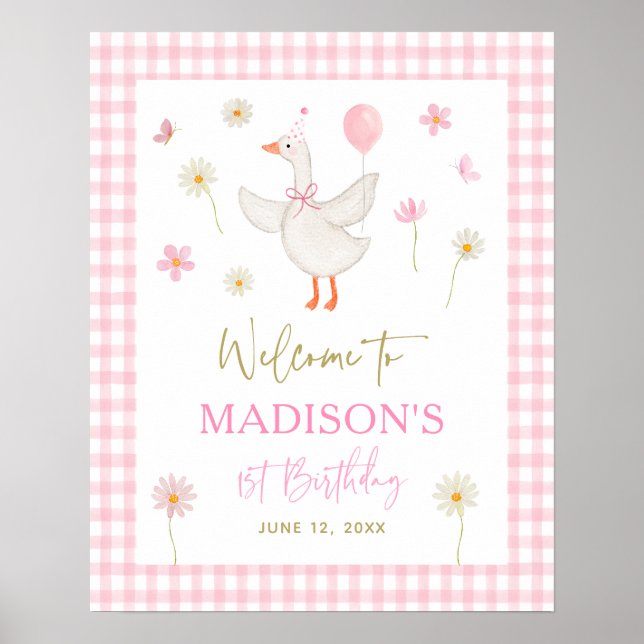 Goose Spring Pink Daisy First Birthday Welcome Poster (Front)