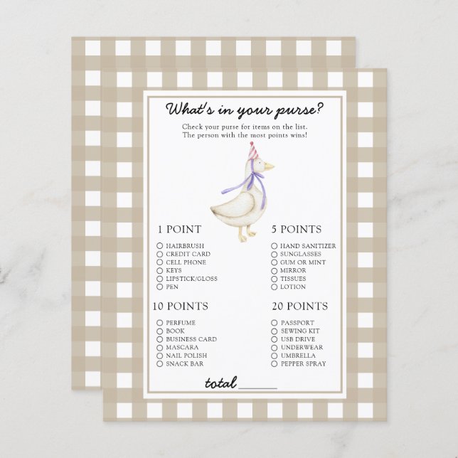 Goose - What's in your purse baby shower game (Front/Back)