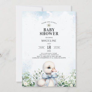 Goose with Bow Blue Boy Baby Shower Invitation