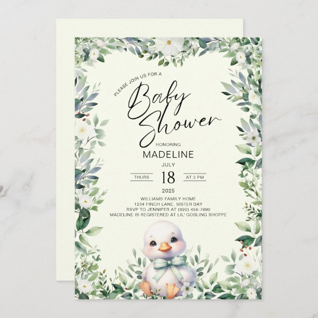 Goose with Bow Greenery Baby Shower Invitation (Front/Back)