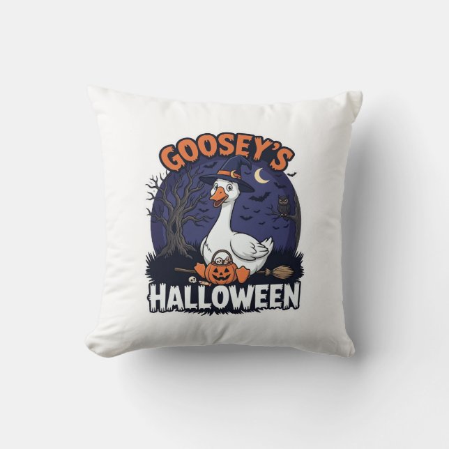 Gooseys Halloween Goose Witch Hat Pumpkin_1 Throw Pillow (Front)