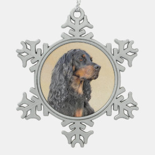 Gordon Setter Painting - Cute Original Dog Art Snowflake Pewter Christmas Ornament
