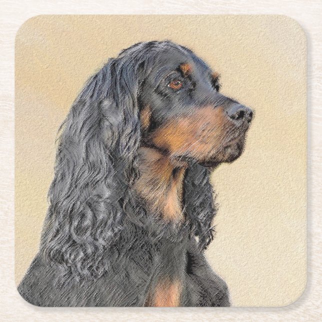 Gordon Setter Painting - Cute Original Dog Art Square Paper Coaster (Front)