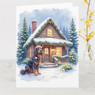 Gordon Setter Snowy Lodge Santa Hat Christmas Art Card