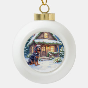 Gordon Setter Snowy Lodge Santa Hat Christmas Art Ceramic Ball Christmas Ornament