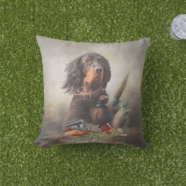 Gordon setter with pheasants, Art    Outdoor Pillow (Grass)