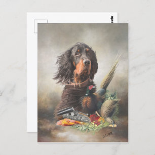 Gordon setter with pheasants, Art Postcard