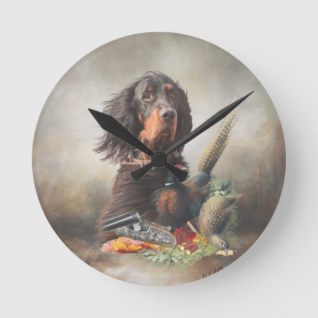 Gordon setter with pheasants, Art      Round Clock (Front)