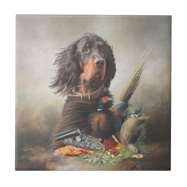 Gordon setter with pheasants, Art       Tile (Front)