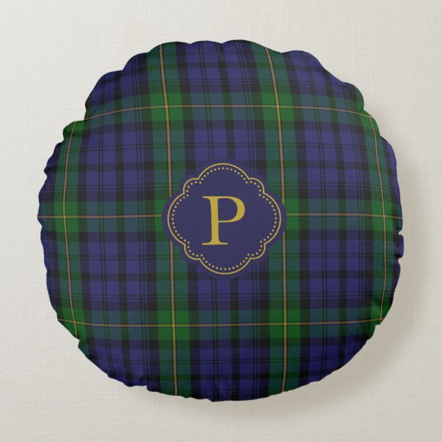 Gordon Tartan Plaid Custom Monogram Round Pillow (Front)