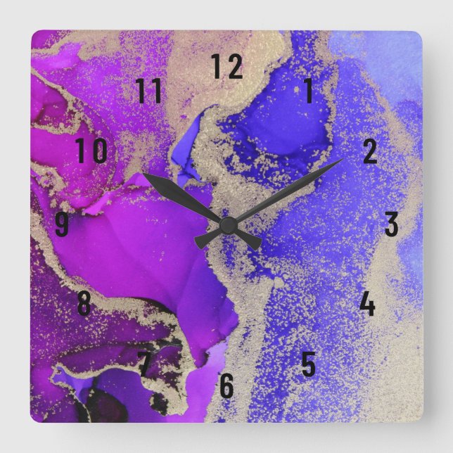 Gorgeous Abstract Gold Pink Purple Jewel Tone Square Wall Clock (Front)