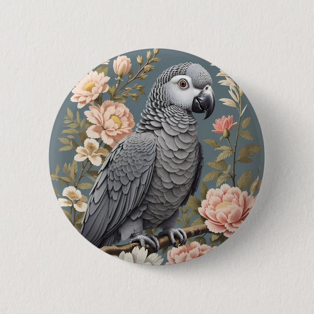 Gorgeous African Grey Parrot With Elegant Florals 2 Inch Round Button (Front)