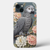Gorgeous African Grey Parrot With Elegant Florals