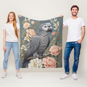 Gorgeous African Grey Parrot With Elegant Florals Fleece Blanket