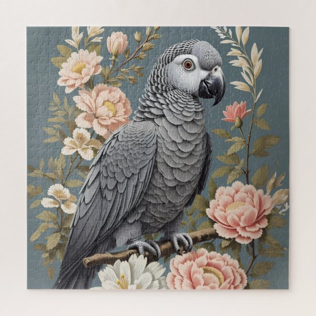 Gorgeous African Grey Parrot With Elegant Florals Jigsaw Puzzle (Vertical)