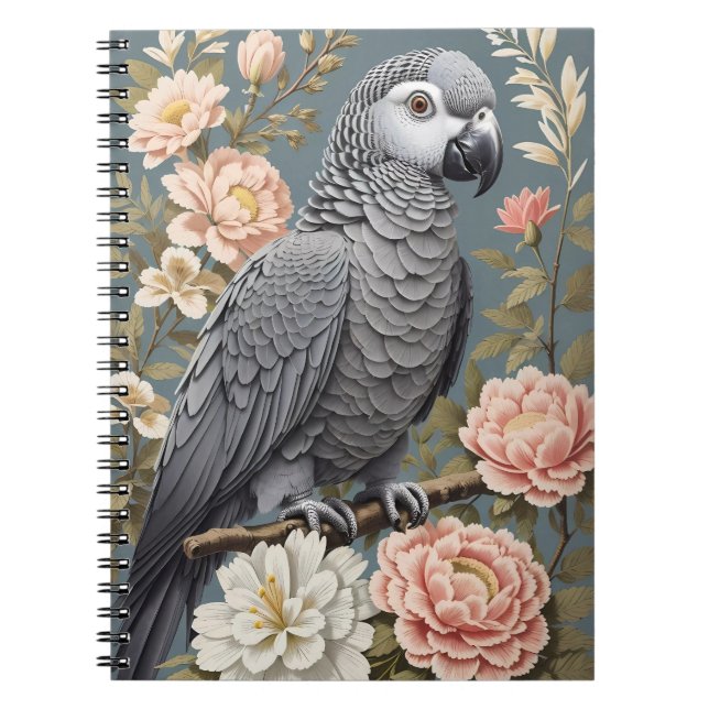 Gorgeous African Grey Parrot With Elegant Florals Notebook (Front)