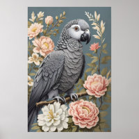 Gorgeous African Grey Parrot With Elegant Florals