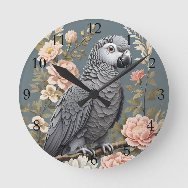 Gorgeous African Grey Parrot With Elegant Florals Round Clock (Front)