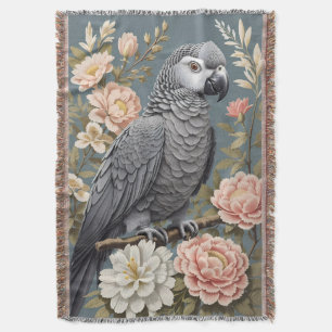 Gorgeous African Grey Parrot With Elegant Florals Throw Blanket
