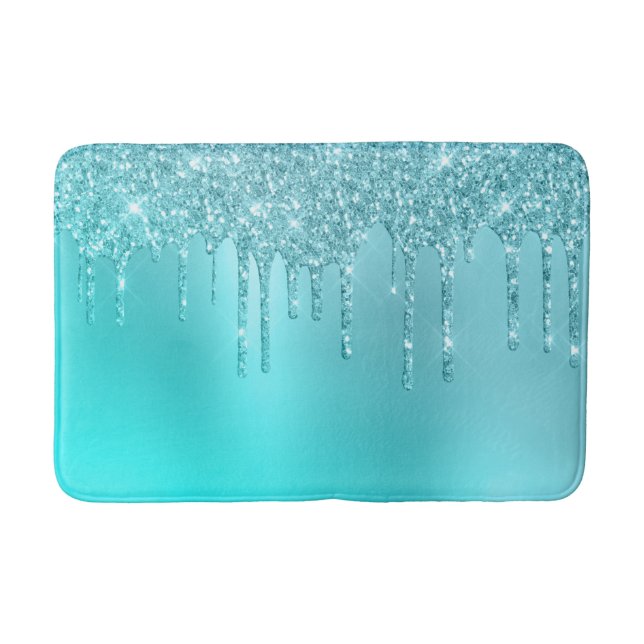 Gorgeous aqua blue mint & turquoise glitter drips bath mat (Front)