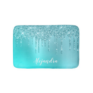 Gorgeous aqua blue mint & turquoise glitter drips bath mat