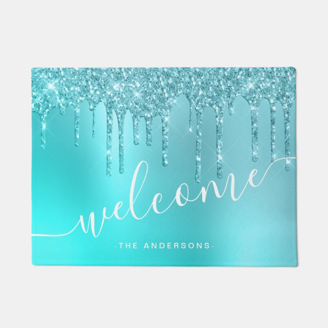 Gorgeous aqua blue mint & turquoise glitter drips doormat (Front)