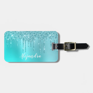Gorgeous aqua blue mint & turquoise glitter drips luggage tag