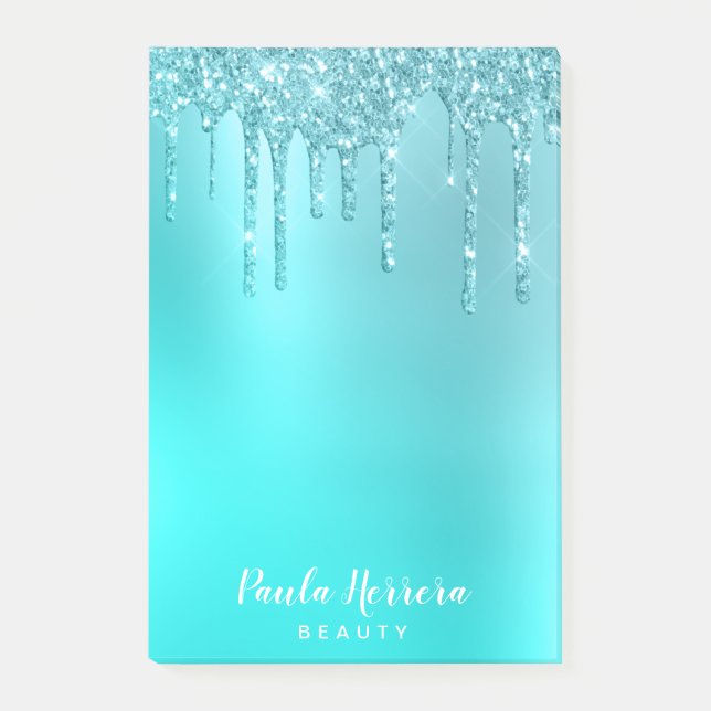 Gorgeous aqua blue mint & turquoise glitter drips post-it notes (Front)