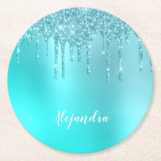 Gorgeous aqua blue mint & turquoise glitter drips round paper coaster (Front)