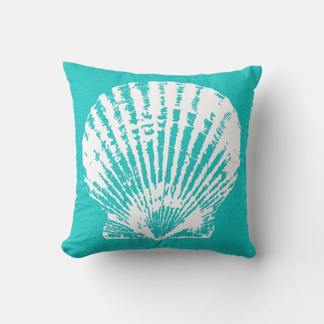 Gorgeous Aqua with White Seashell Burlap Look Throw Pillow (Front)