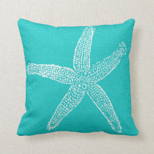 Gorgeous Aqua with White Starfish Burlap Look Throw Pillow