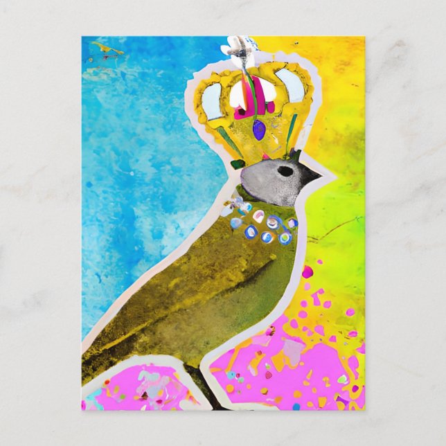 Gorgeous Bird in a Crown Colourful Collage Postcard (Front)