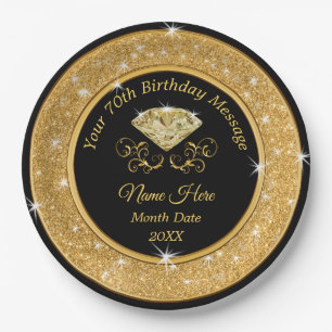 Gorgeous Black and Gold 70th Birthday Paper Plates