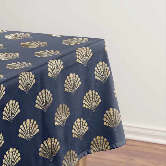 Gorgeous Blue and Metallic Gold Shell Home Decor Tablecloth (In Situ)
