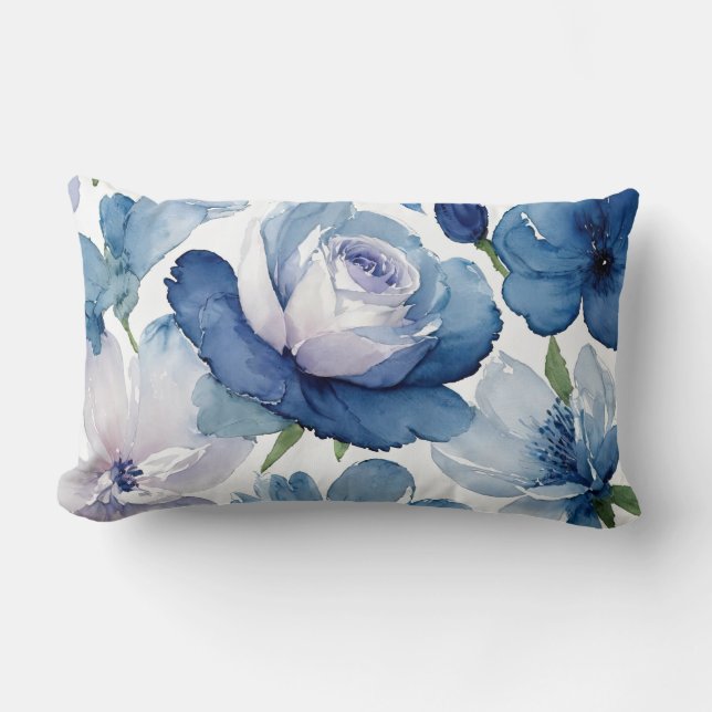 Gorgeous Blue and White Floral Lumbar Pillow (Front)