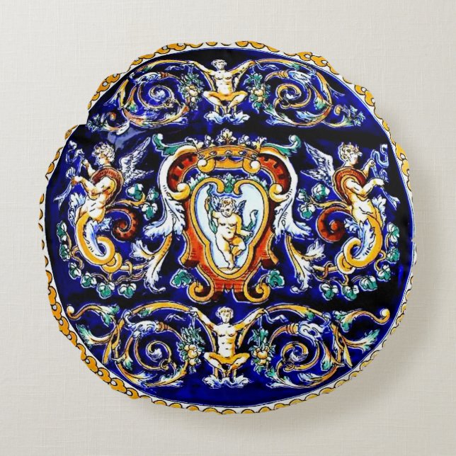 Gorgeous Blue Angels and Cherubs Round Pillow (Front)