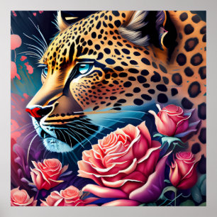 Gorgeous Blue Eyed Leopard with Roses Painting Poster