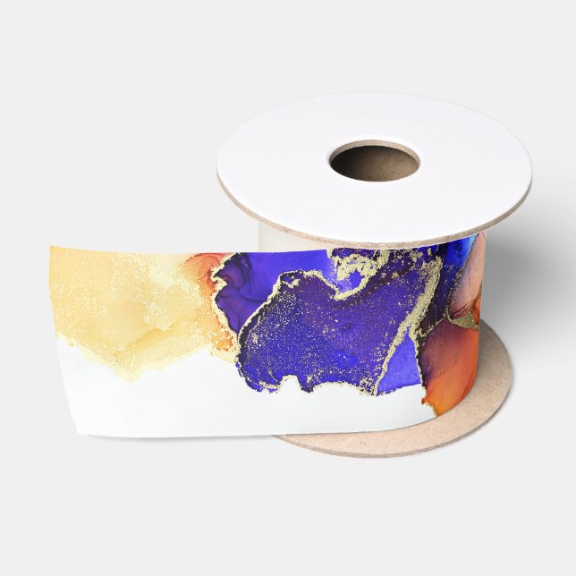 Gorgeous Blue Gold Orange Abstract Satin Ribbon (Spool)