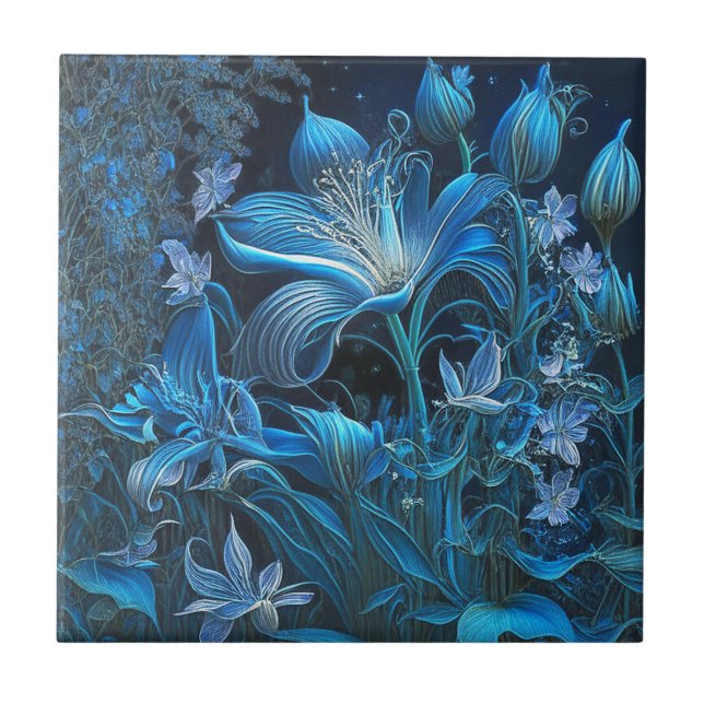 Gorgeous Blue Lily Floral Ceramic Tile (Front)