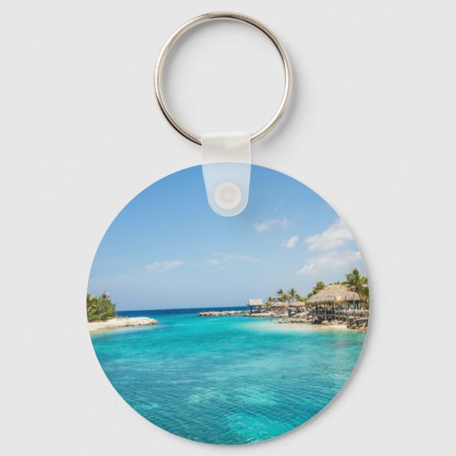 Gorgeous Blue Tropical Beach with Thatched Huts Keychain (Front)