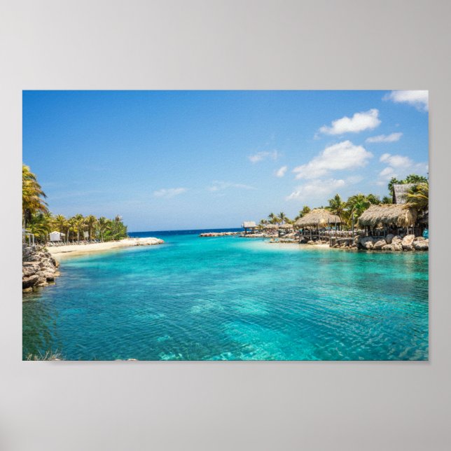 Gorgeous Blue Tropical Beach with Thatched Huts Poster (Front)