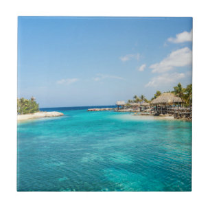 Gorgeous Blue Tropical Beach with Thatched Huts Tile