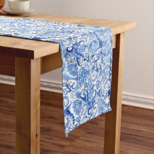 Gorgeous Blue White Floral Paisley Art Pattern Long Table Runner