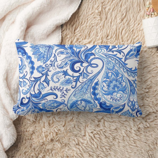 Gorgeous Blue White Floral Paisley Art Pattern Lumbar Pillow (Blanket)