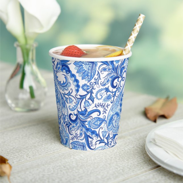 Gorgeous Blue White Floral Paisley Art Pattern Paper Cups (Insitu)