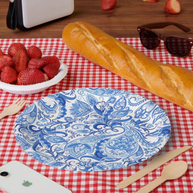 Gorgeous Blue White Floral Paisley Art Pattern Paper Plate (Picnic)