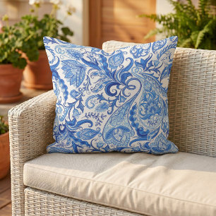 Gorgeous Blue White Floral Paisley Pattern Outdoor Pillow