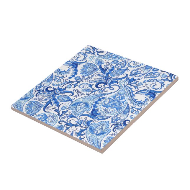 Gorgeous Blue White Floral Paisley Pattern Tile (Side)
