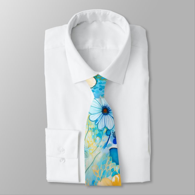 Gorgeous Blue Yellow Floral Roses Pattern Tie (Tied)